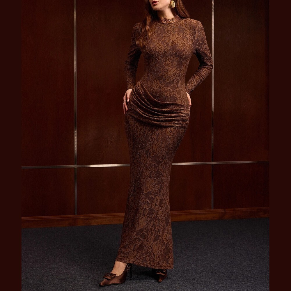 Brown Floral Lace Stand Collar Ruched Long Sleeve Maxi Dress